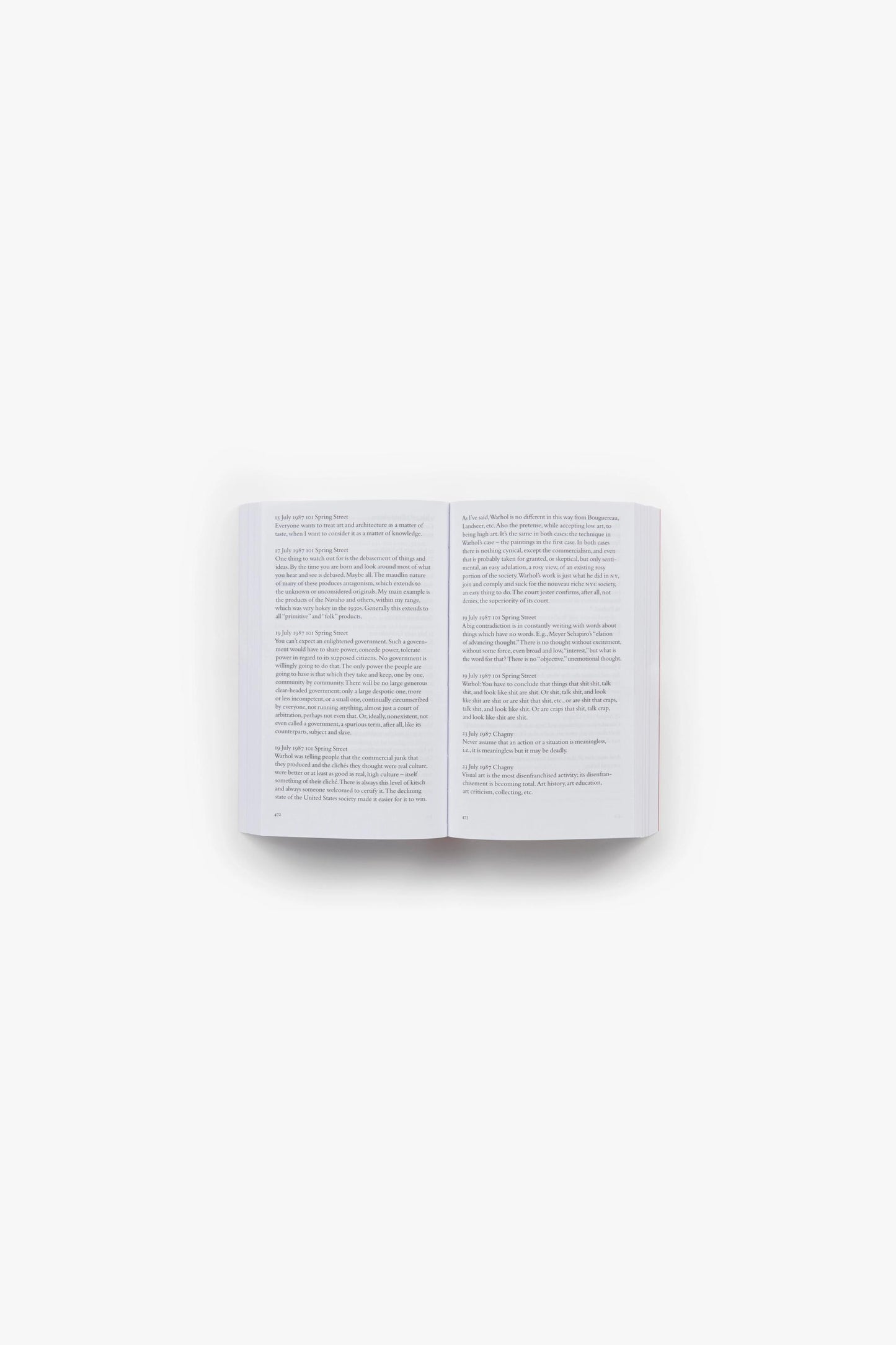 Full spread of “Donald Judd Writings.” Verso and recto are full pages of text.